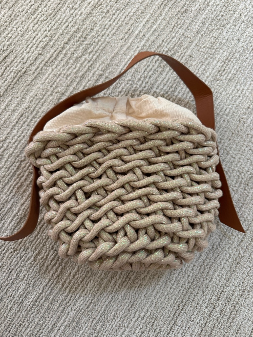 Woven Knit Beige Shoulder Bag with Tan Strap